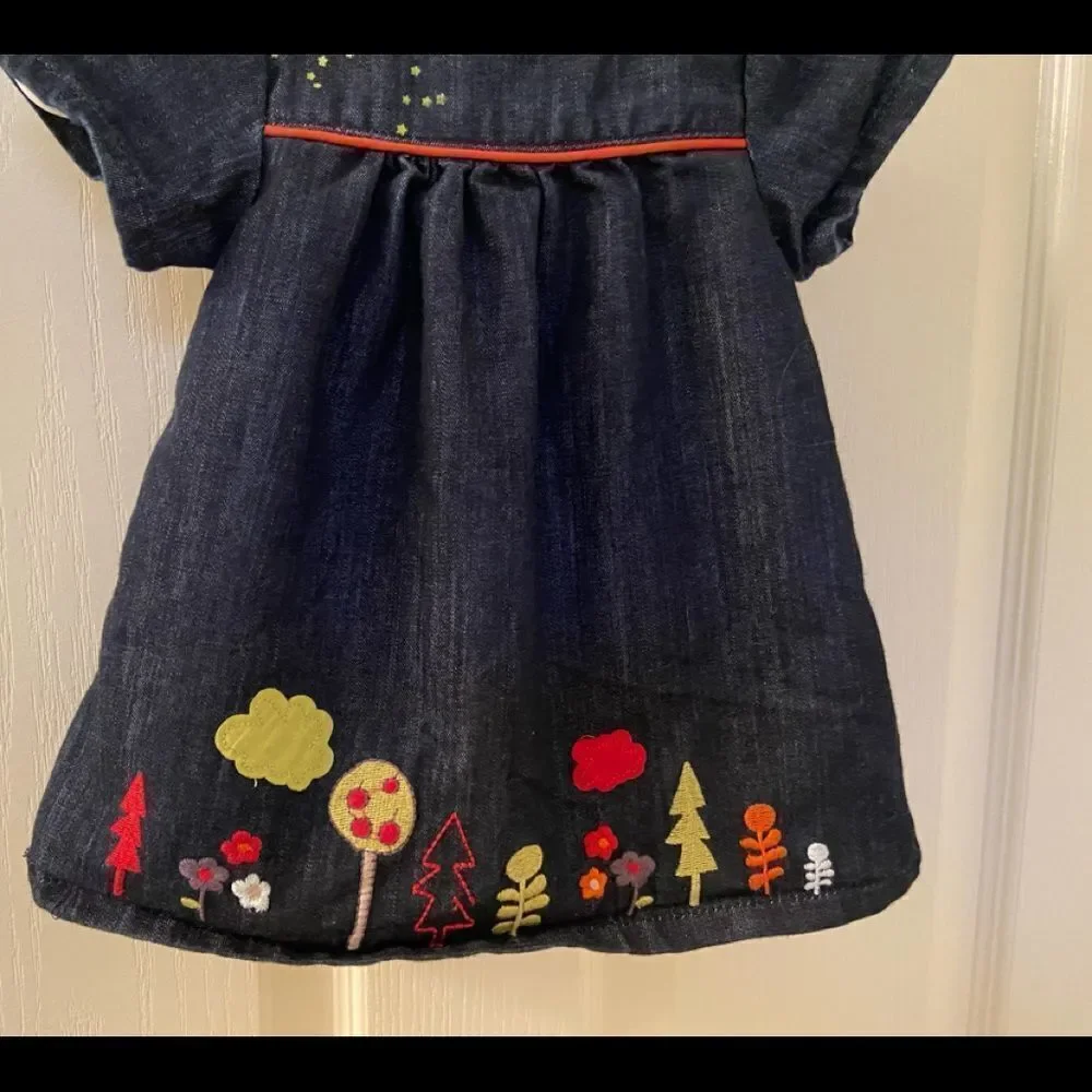 Orchestra Baby Girls Dress Denim Embroidered Trees Flowers Size 9 Months